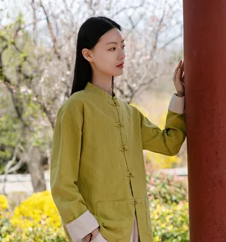 Aransue 2021 Tavaszi-Nyári Új Nők Outwear Kínai Retro Blúz Nemzeti Stílus Rami Állni Gallér Gomb Ing Taiji Öltöny