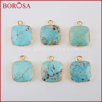 BOROSA 100% - ban Természetes Kék Kő Medál Gyöngyök Druzy Varázsa Arany Színű Természetes Turquoises Kő Négyzet alakú Felület, ékszerek G0628