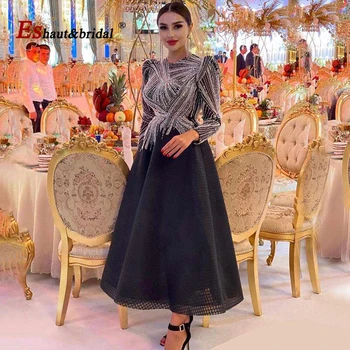 Dubai Arab Muszlim Estélyi Ruha Este 2021 Hosszú Puff Ujjú O Nyak Sequin Gyöngyök Aline Tea Hossza Hivatalos Esküvő Party Ruhák