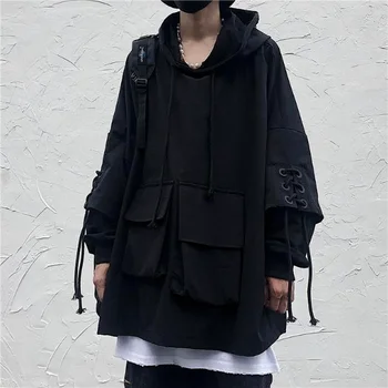HOUZHOU Techwear Fekete Kapucnis Pulcsit Férfi kapucnis felső Gót Darkwear Gótikus Ruhát Punk Streetwear Ruházat Japán Hip-Hop