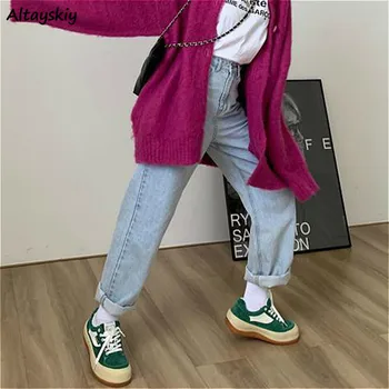 Jeans Női Szabadidő Összes mérkőzés Egyszerű koreai Stílus Magas, Derék, Egyenes, Cipzáras Teljes hosszúságú Túlméretes Diákok Streetwear Zsebében Inek