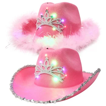 LED Fél Caps Western Cowboy Kalap Rózsaszín Nők Fesztiválra, Karácsonyi Party, Sapkák Beteges Széles Karimájú Sequin Korona Cowgirl Kalapok