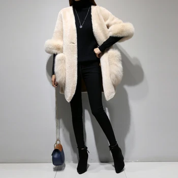 Magas Minőségű Téli Női Kabát Tiszta Szín Ál Róka Szőrme Gallér Női Báránybőr Kabátok Kasmír Kabát Plus Size D190918
