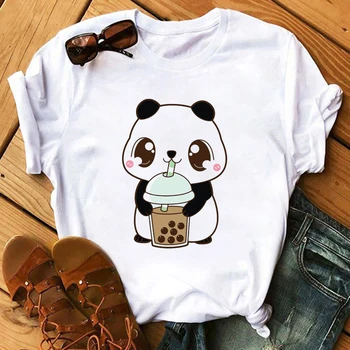 Maycaur Aranyos Pólók Női Streetwear Panda Grafikus Póló Divat Tej, Tea Nyomtatott Női Felsők Vicces Vintage Alkalmi Női Tshirt