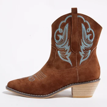NŐI BOKA CSIZMA Kerek fej Hímzett Western Cowboy Luxus Női Cipő 2021 Divat Női Téli Csizma