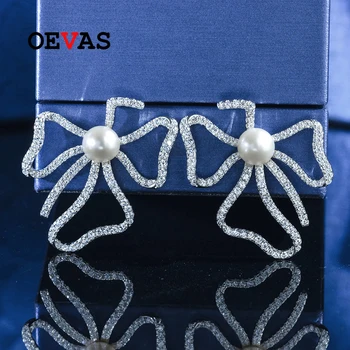 OEVAS 100% 925 Sterling Ezüst 8 mm-es Gyöngy, a Magas Szén-dioxid-Gyémánt Bowknot Fülbevaló Női Csillogó Esküvői Jól Ékszer Ajándék