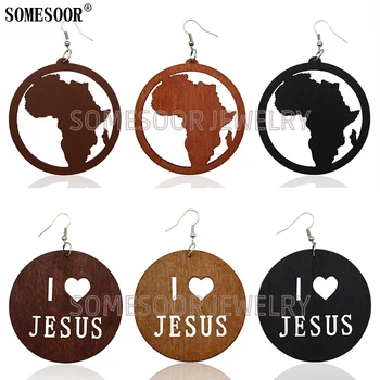 SOMESOOR Ékszerek, Lézeres Vágás-Afrikai Térkép Alakú Szeretem Jézust Divat Fa Csepp Fülbevaló Női Ajándékok Nagykereskedelmi