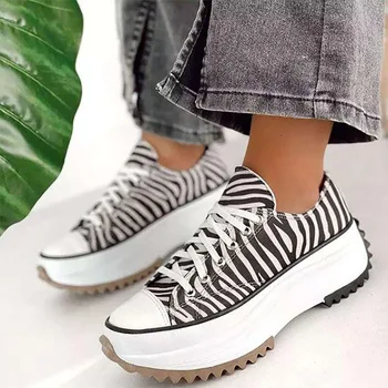 Őszi Női Vászon Cipő Komfort Platform Magas Felső Női Alkalmi Cipők, Divat Zebra Mintás Csipke Hölgy Sport Cipő