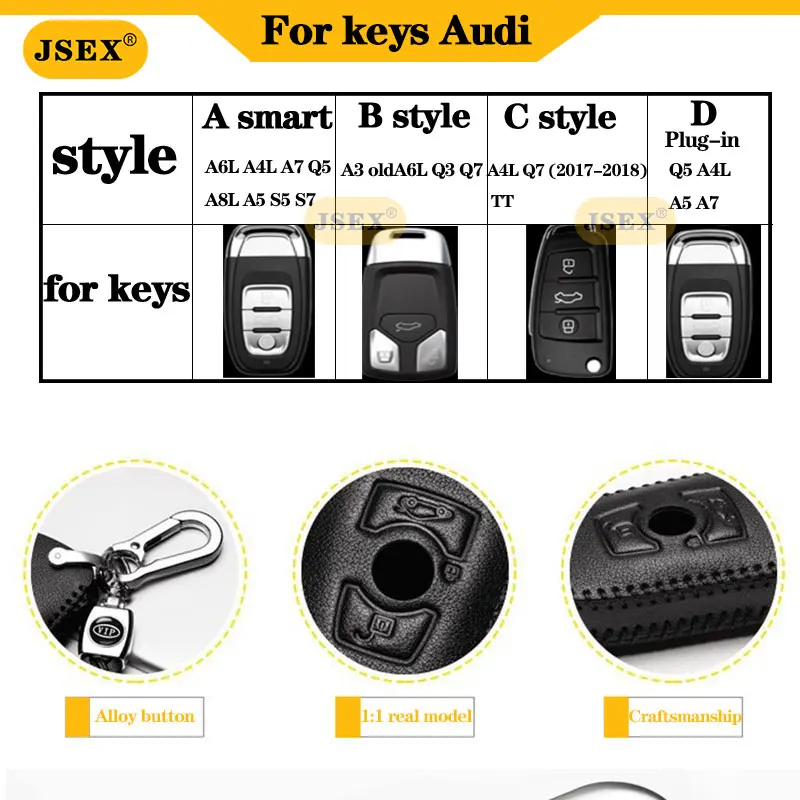 JSEX Bőr Autó Kulcs Esetben Fedezi Az Audi A6L A5 Q7 Q8 S4 S5 A4 B9 A8L TT Magas minőségű Cink ötvözet Kulcs, Táska, Gyűrű, Kiegészítők, Férfi 2