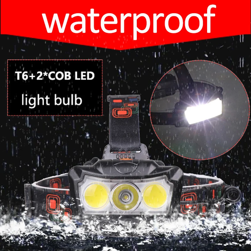 Szuper Fényes LED Fényszóró-T6+2COB LED Fényszóró fényszóró vízálló Zseblámpa Lanterna fej fény Használata 2*18650 akku a Kemping 2